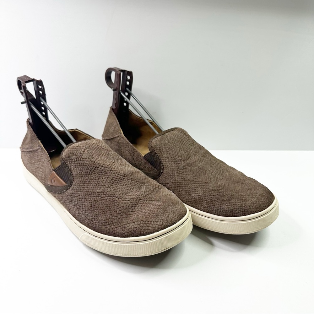 OluKai Pehuea Leather Slip On Loafer Shoes Women's Size 10, brown textured EU 40